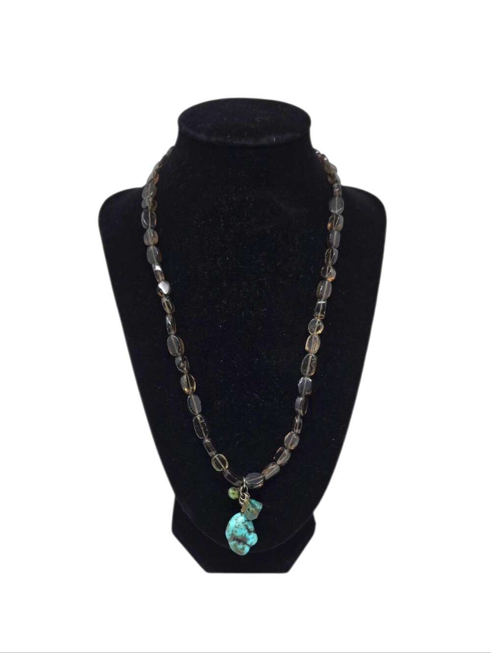 Smoky Quartz Turquoise Gemstone Necklace Handmade Artisan Toggle 21"